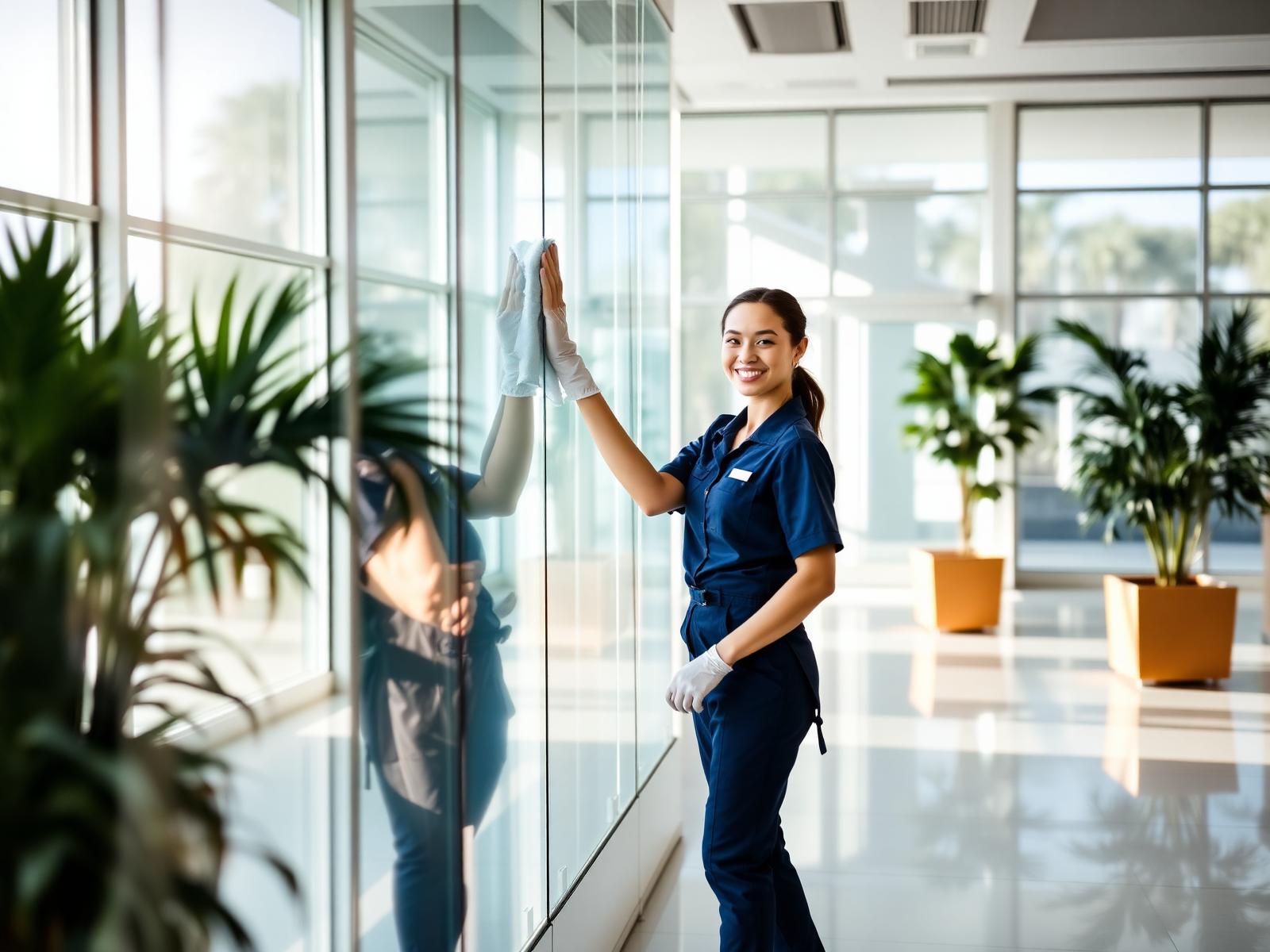 Top Notch cleaner polishing glass in a bright West Palm Beach office lobby